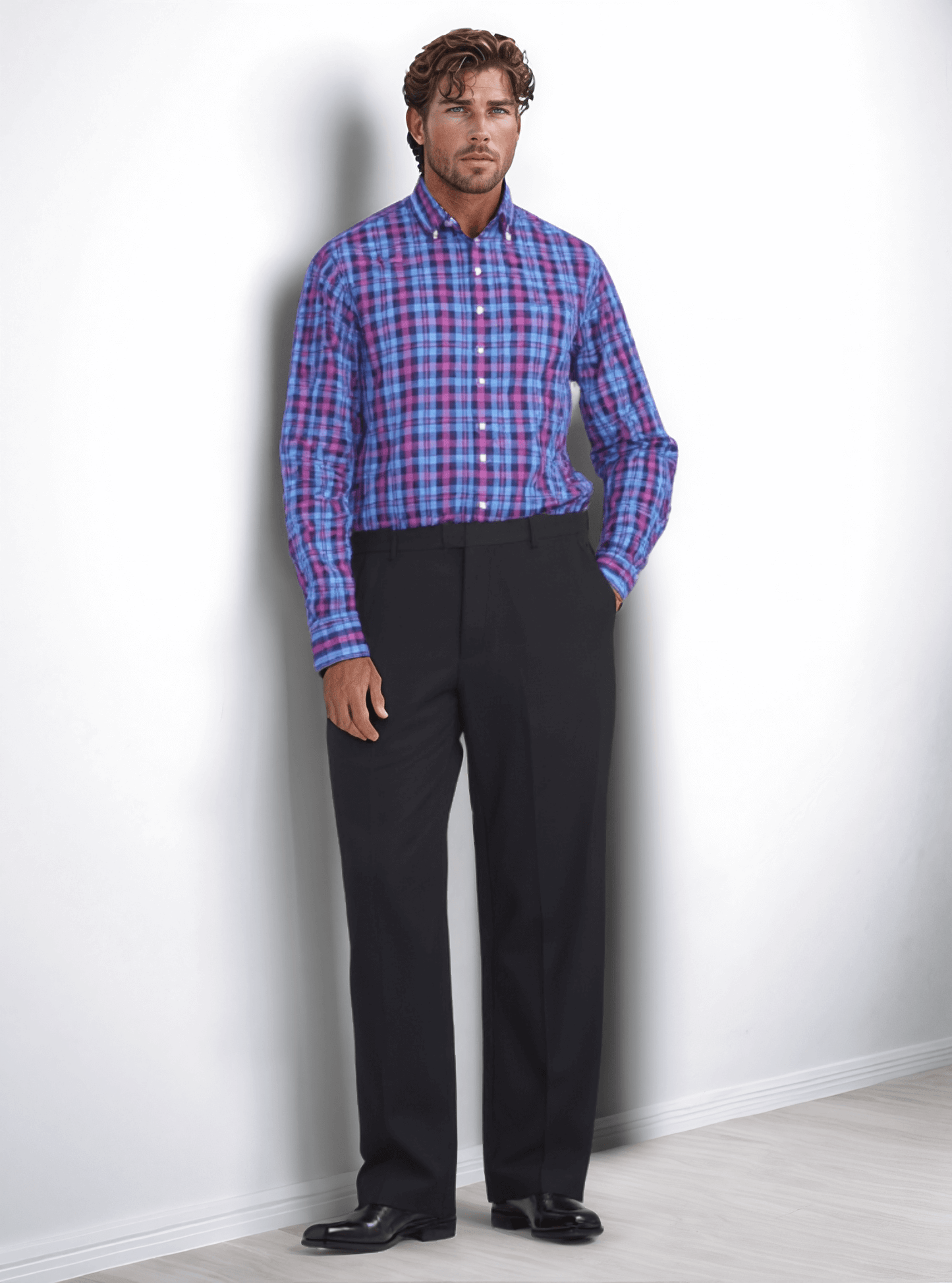 Blue & Cerise Plaid Check Twill Men's Bespoke Shirt