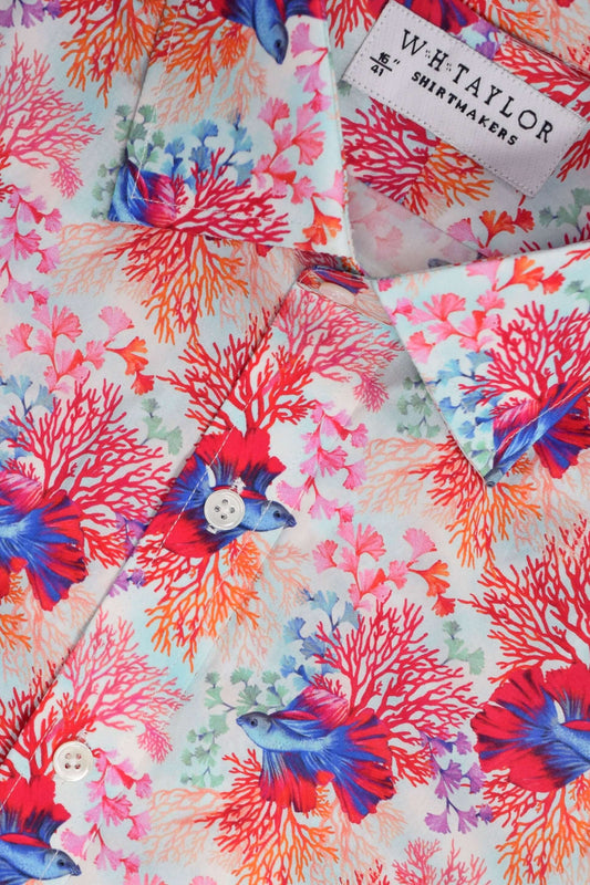 Tropical Fish Pattern White Ladies Bespoke Shirt