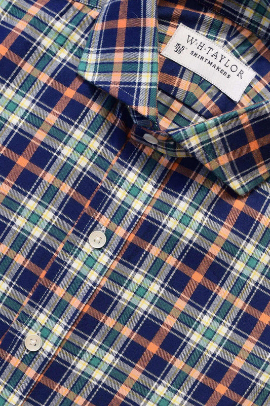 Navy Green & Orange Brushed Cotton Plaid Check Twill Ladies Bespoke Shirt - whtshirtmakers.com